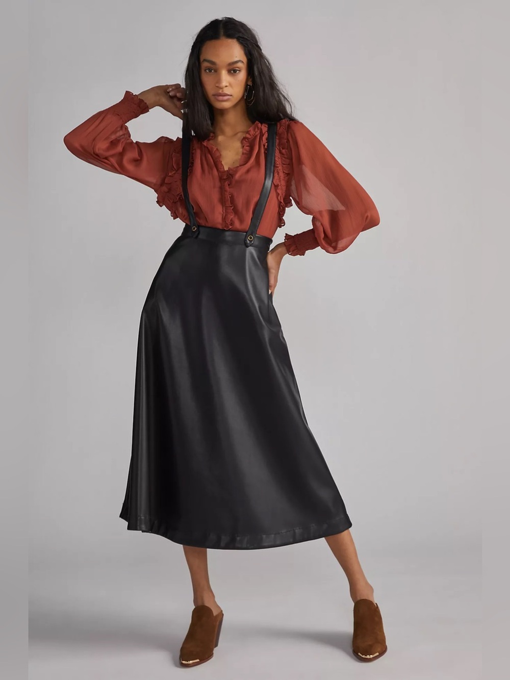✨ Anthropologie Faux Leather Pinafore Suspender Midi Skirt Black - Picture 1 of 11